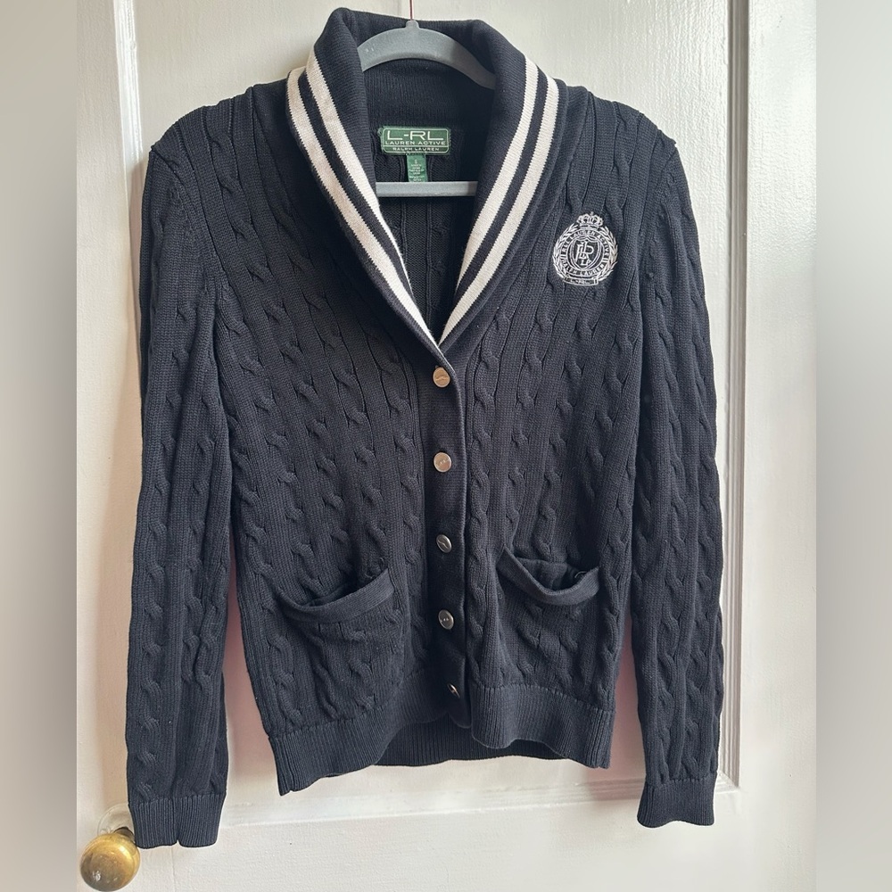 Ralph Lauren Navy Cable Knit Shawl Collar Cardigan with White Trim
